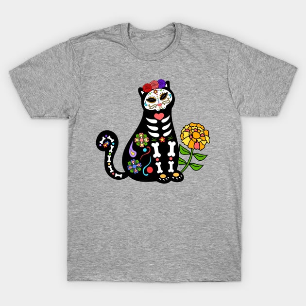 Day of the Dead Skeleton Flower Cat T-Shirt by Bitycat